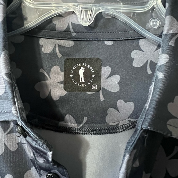 USAG U Suck At Golf Polo Mens Sz M Dark Gray Shamrock Print Performance Shirt. - Picture 3 of 5